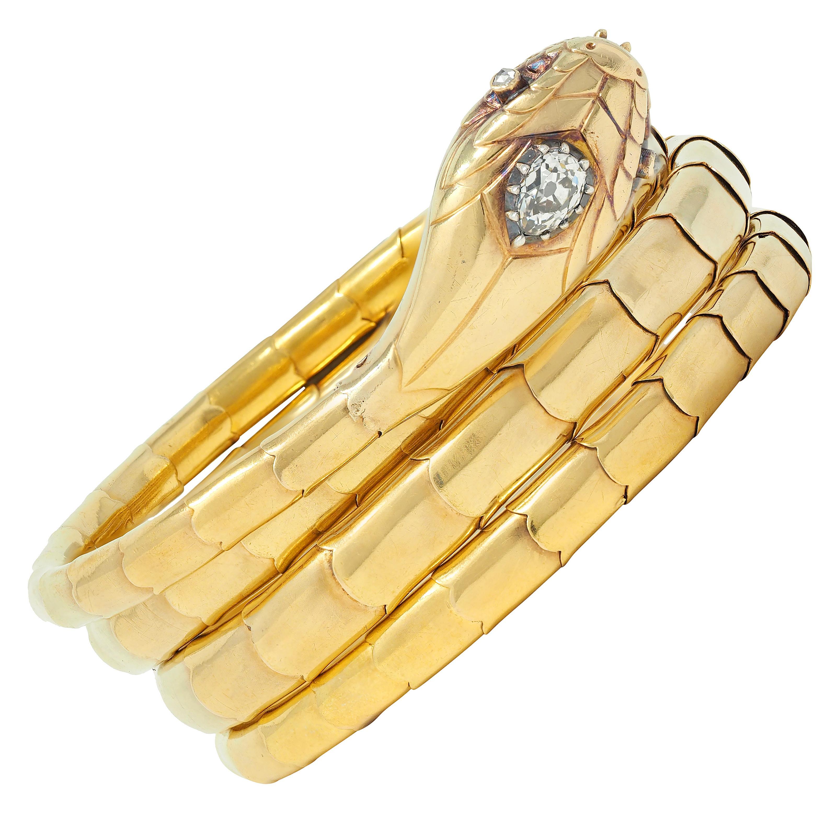 Taille poire Bracelet serpent ancien victorien en or jaune 18 carats et argent avec diamants en vente