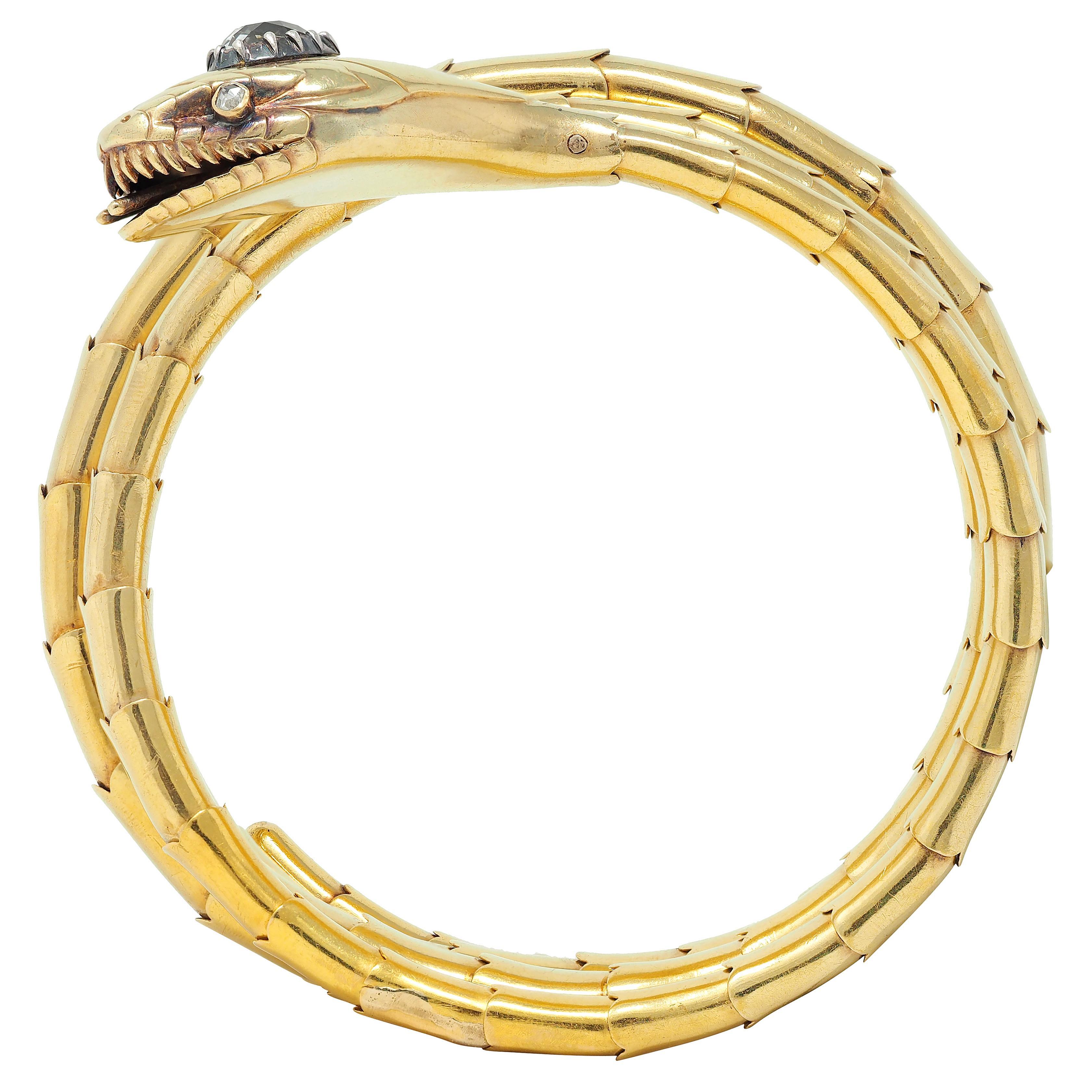 Bracelet serpent ancien victorien en or jaune 18 carats et argent avec diamants en vente 1