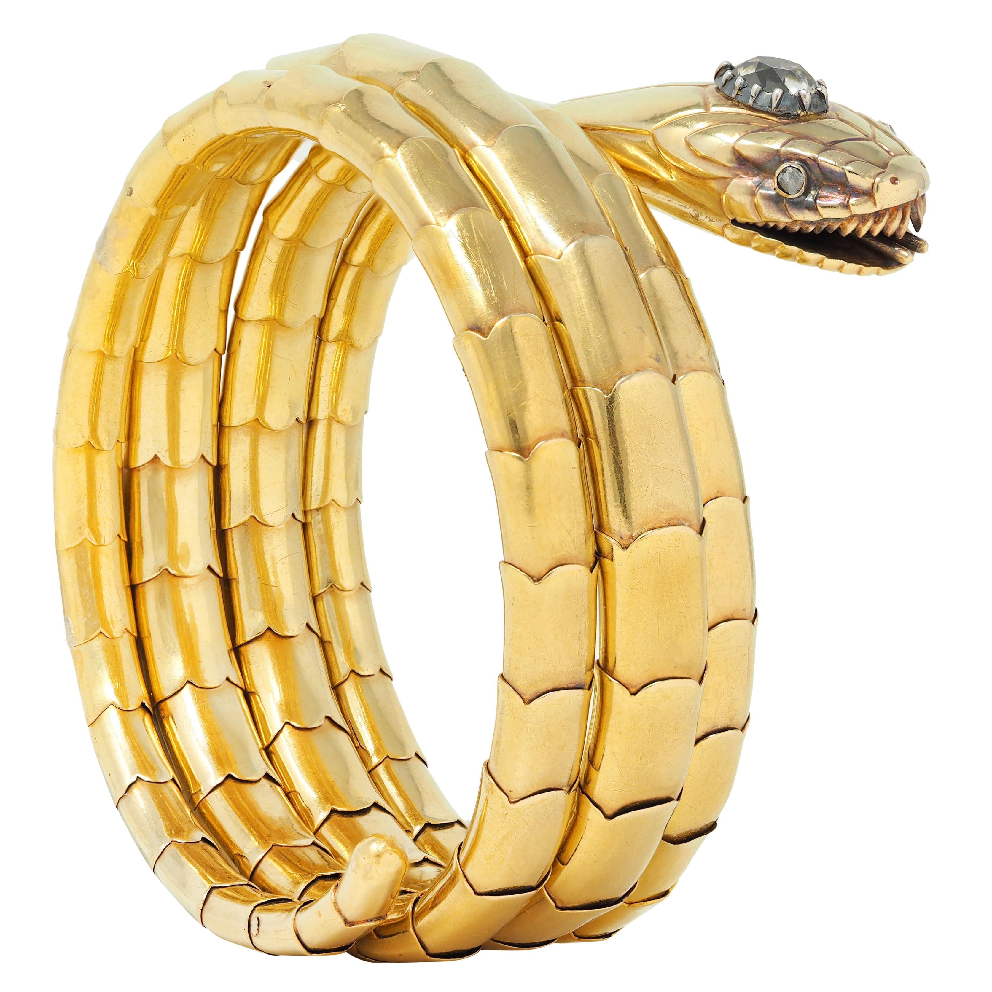 Bracelet serpent ancien victorien en or jaune 18 carats et argent avec diamants en vente 2