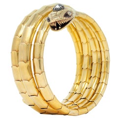 Bracelet serpent ancien victorien en or jaune 18 carats et argent avec diamants
