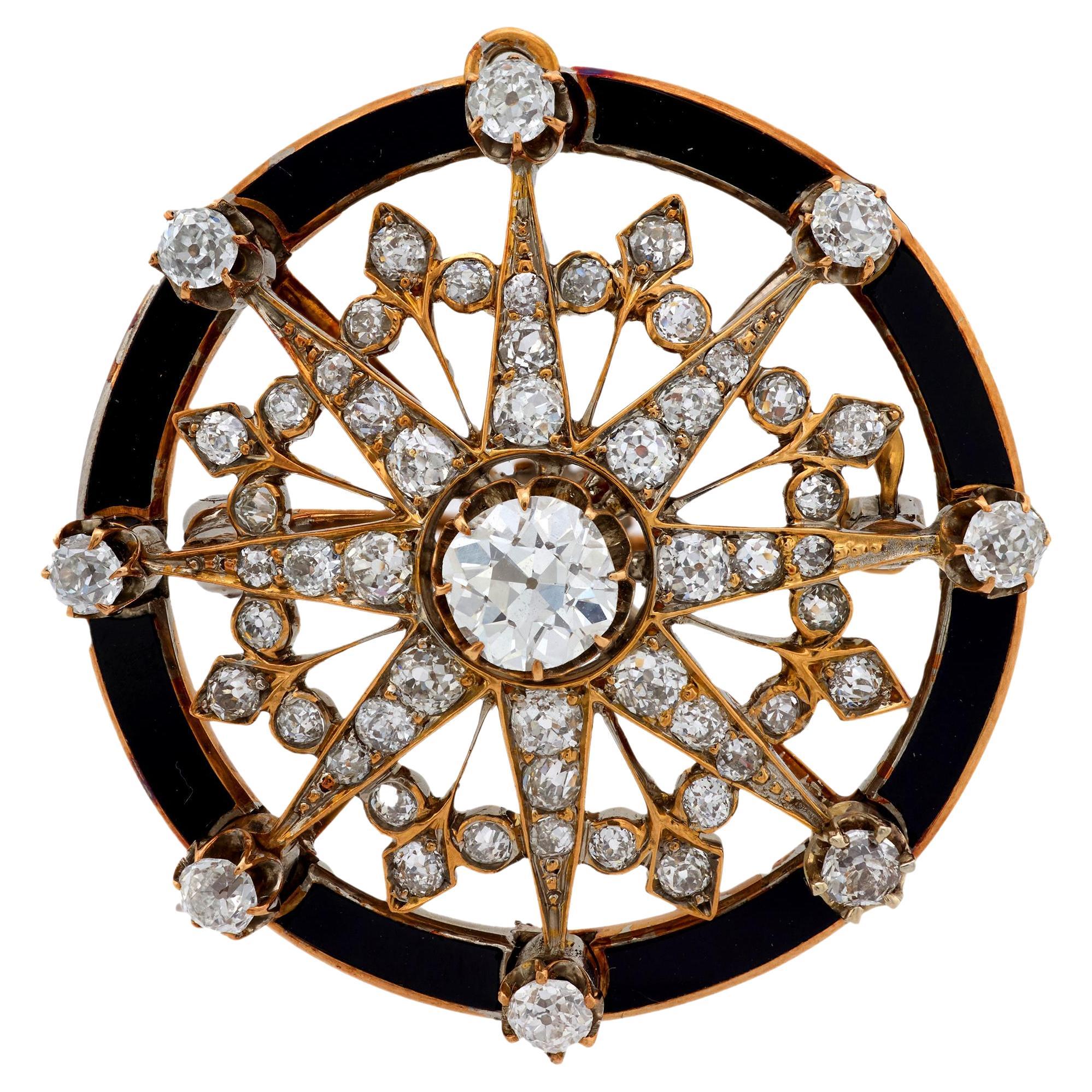 Broche victoriano de diamantes, oro rosa de 18 quilates y esmalte