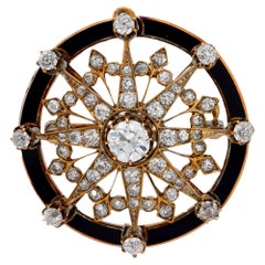 Victorian diamond 18k rose gold and enamel brooch