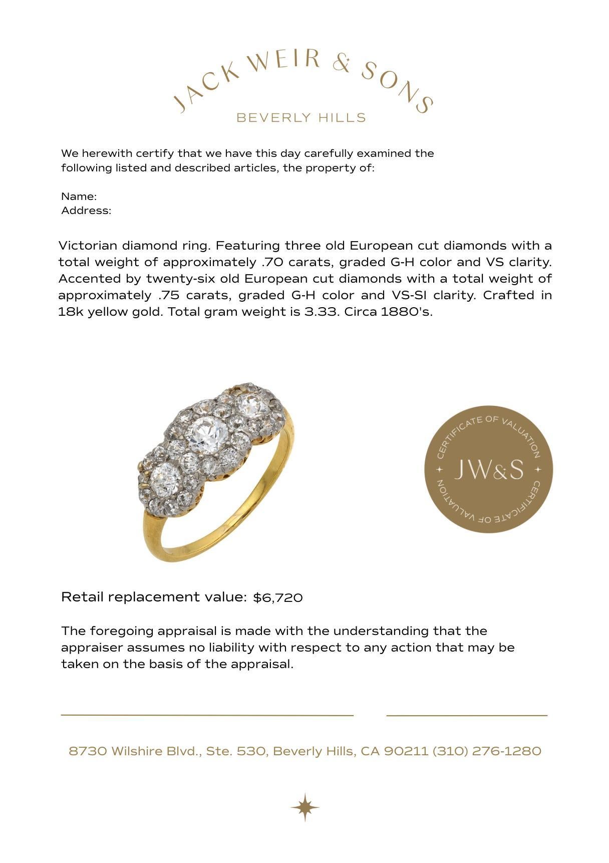 Bague victorienne en or jaune 18k à 3 pierres et diamants en vente 2