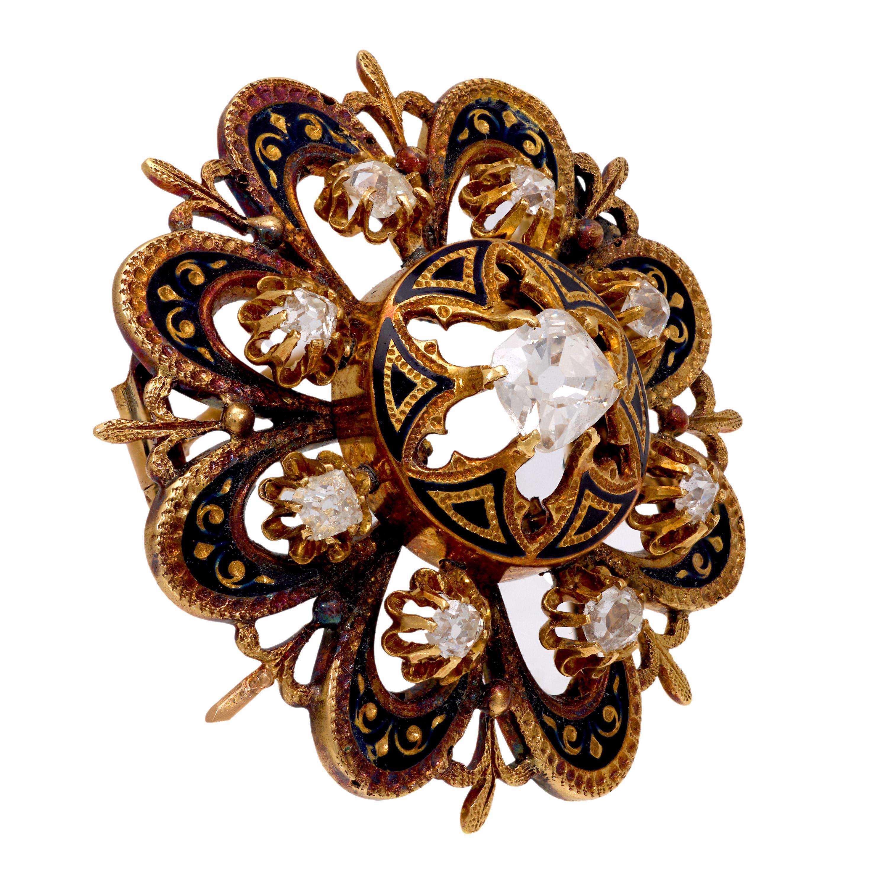 Victorian diamond 18k yellow gold and enamel brooch (Viktorianisch) im Angebot