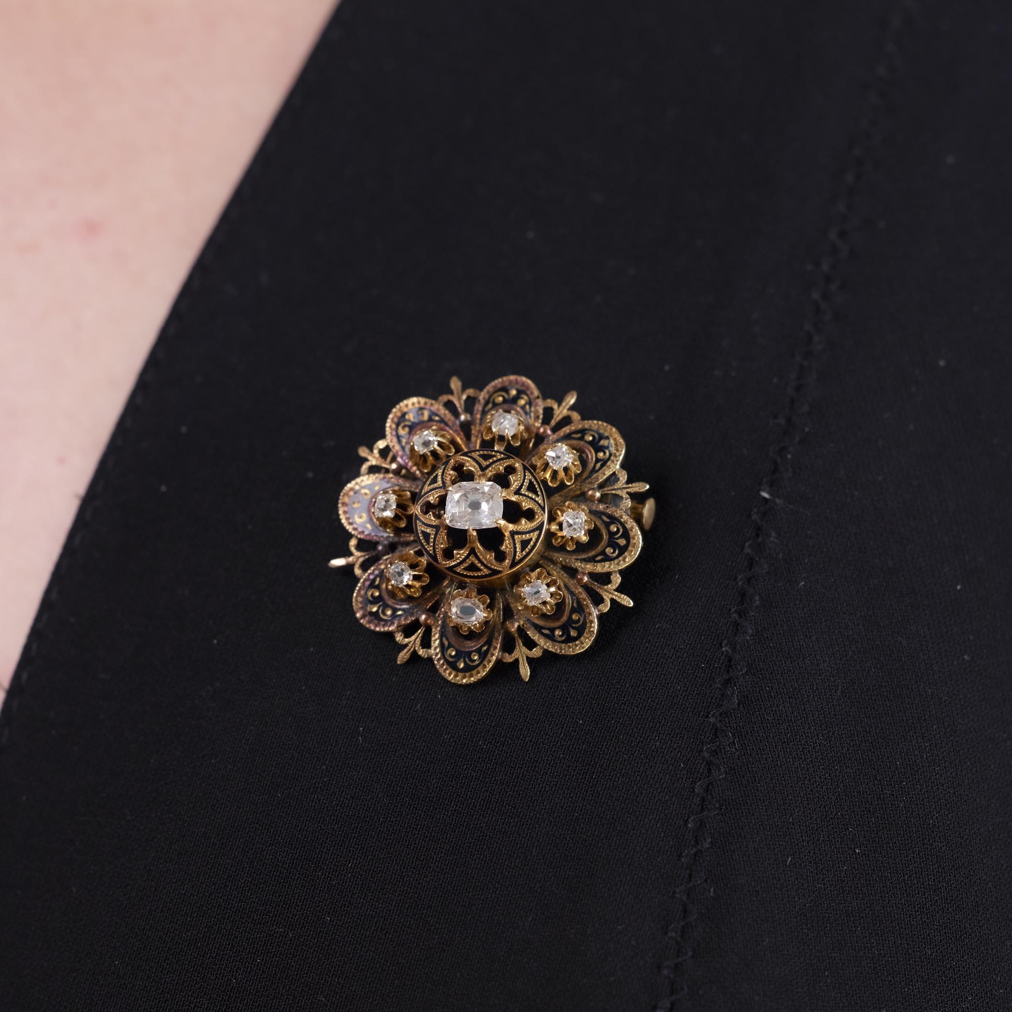 Victorian diamond 18k yellow gold and enamel brooch (Alteuropäischer Brillantschliff) im Angebot