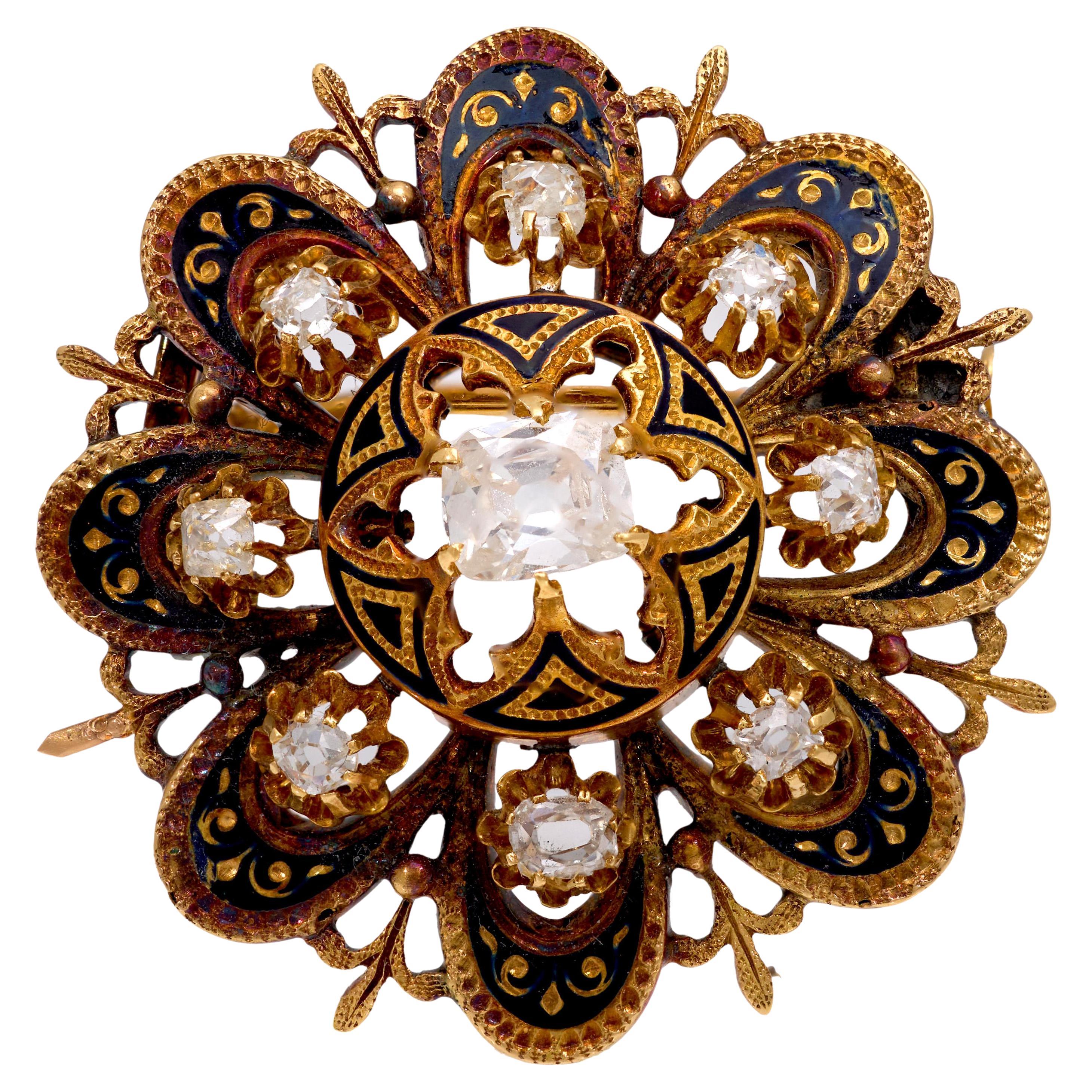 Victorian diamond 18k yellow gold and enamel brooch