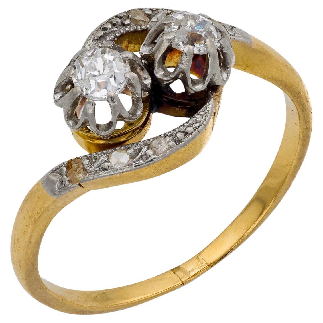 Victorian diamond 18k yellow gold and platinum toi et moi ring For Sale
