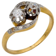 Victorian diamond 18k yellow gold and platinum toi et moi ring