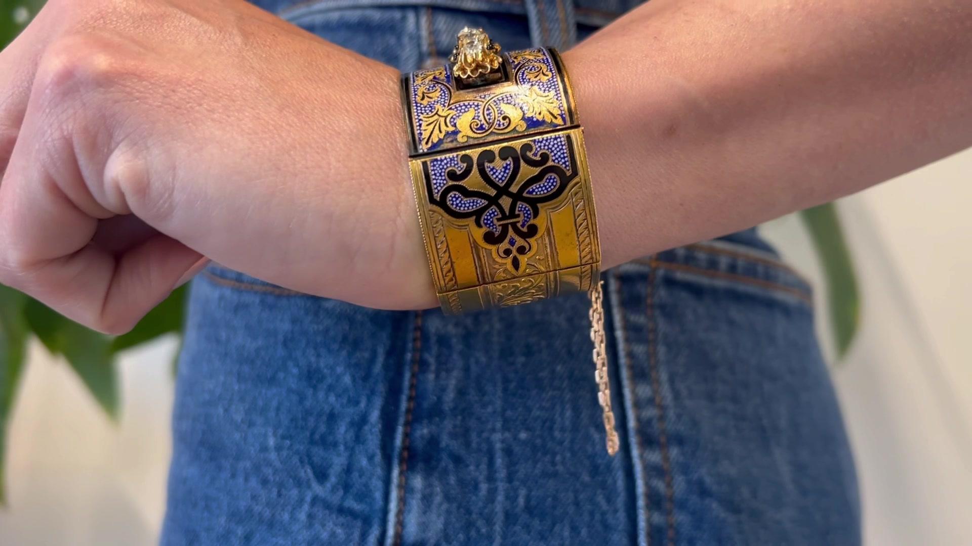 Viktorianisches Diamant-Armband aus 18 Karat Gelbgold mit blauer Emaille (Alteuropäischer Brillantschliff)