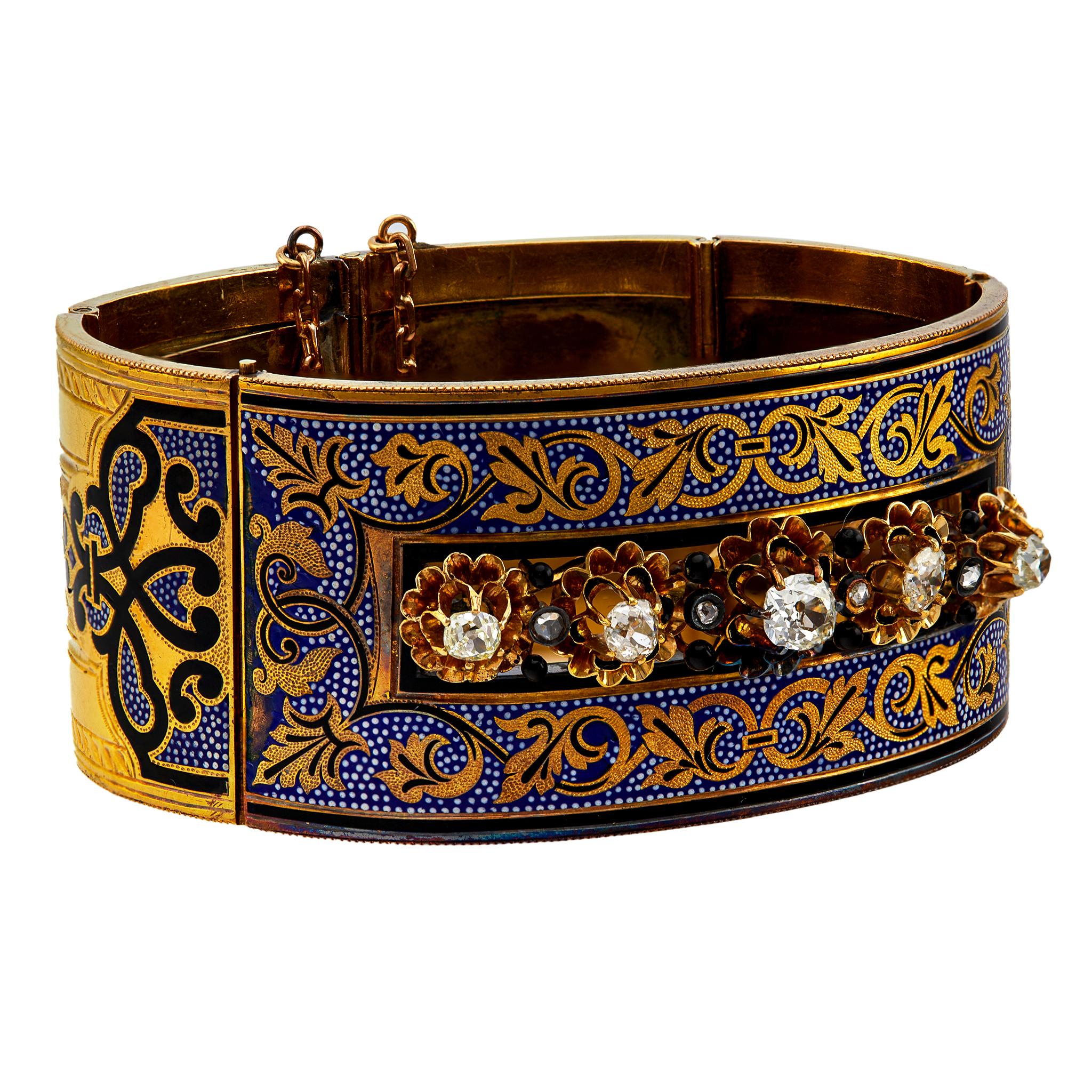 Viktorianisches Diamant-Armband aus 18 Karat Gelbgold mit blauer Emaille für Damen oder Herren