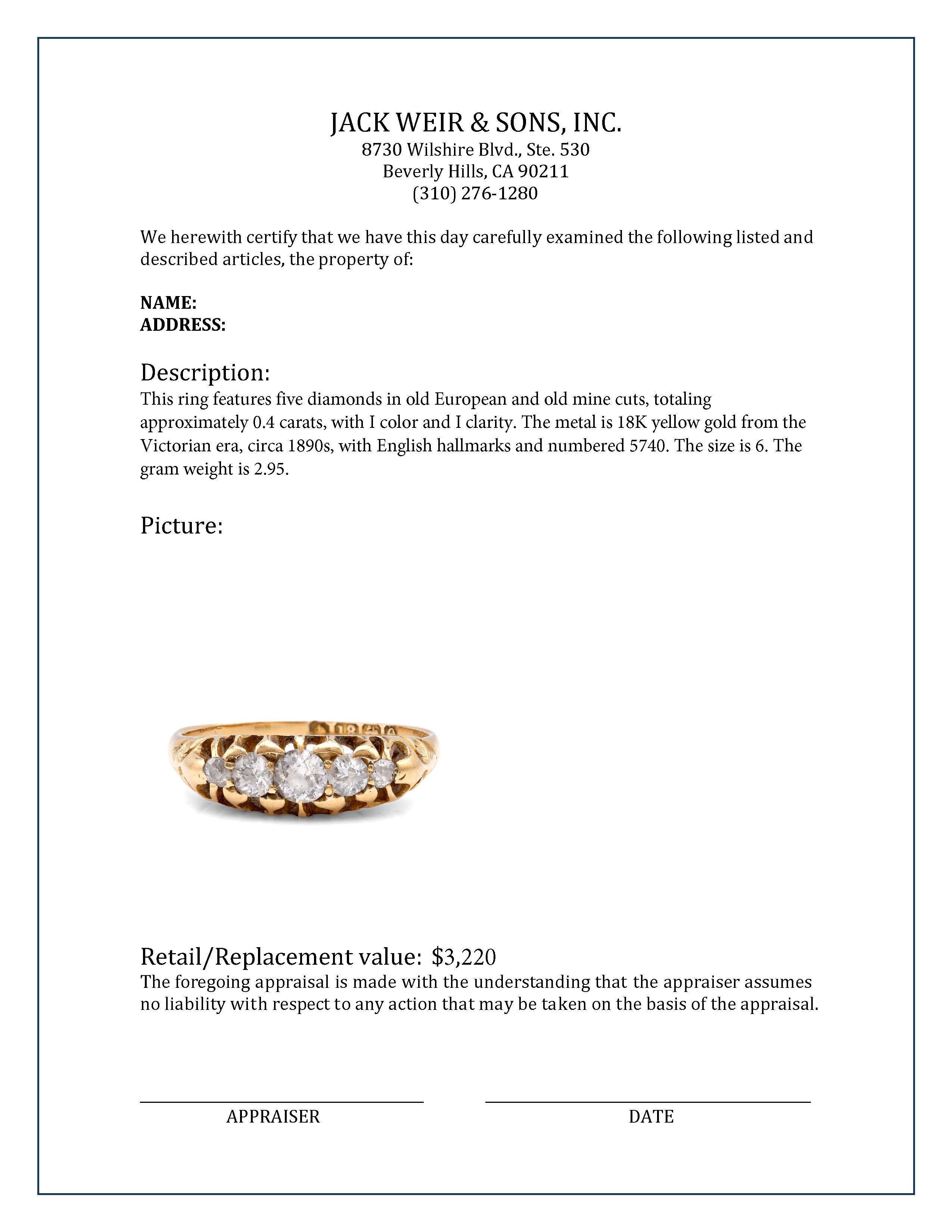 Viktorianischer Diamantring aus 18 Karat Gelbgold mit fünf Steinen im Zustand „Hervorragend“ in Beverly Hills, CA