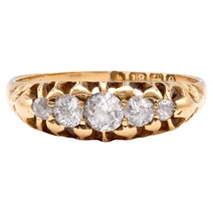 Anello vittoriano con diamante e cinque pietre in oro giallo 18 carati