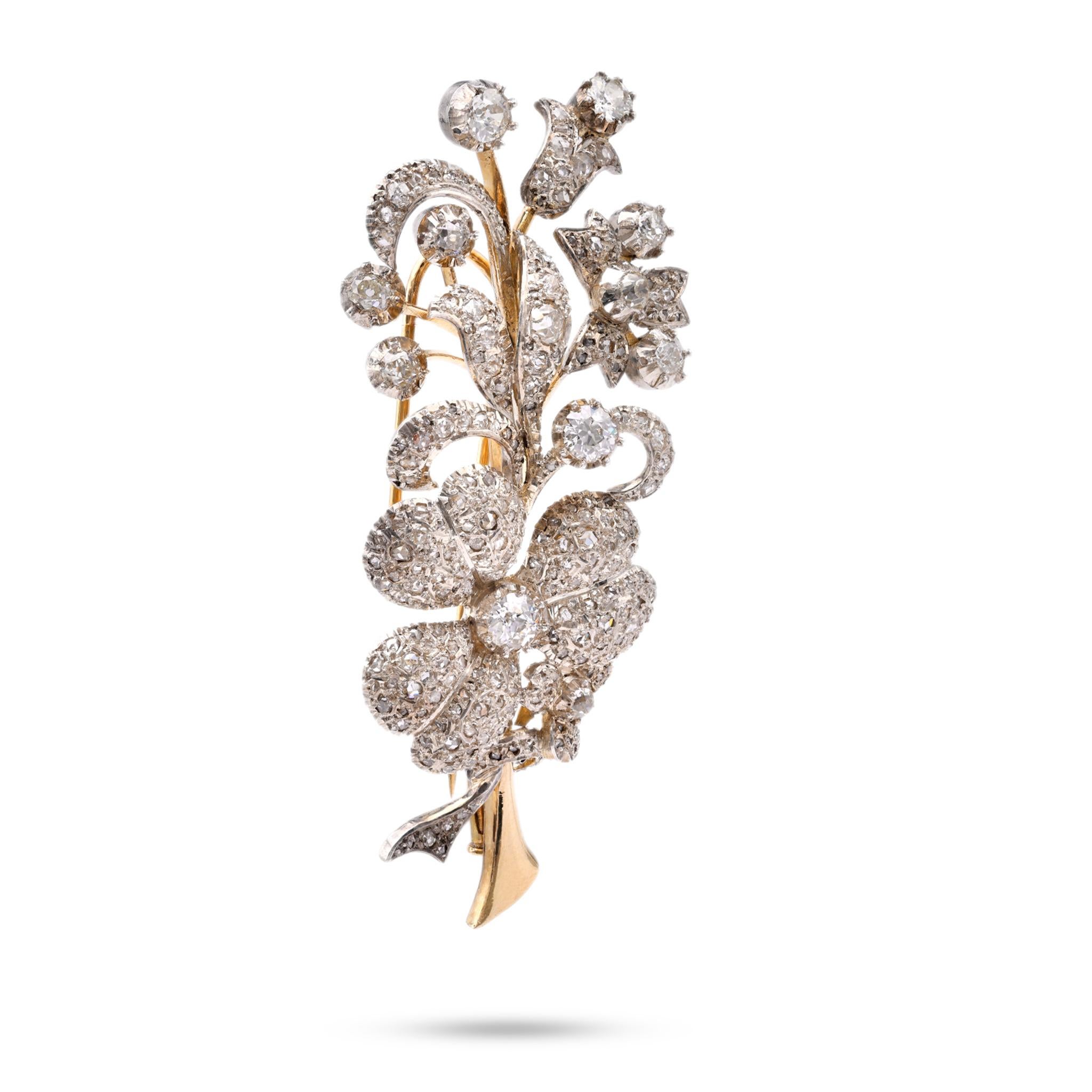 Victorian Diamond 18k Yellow Gold Silver Flower Brooch In Good Condition In Beverly Hills, CA