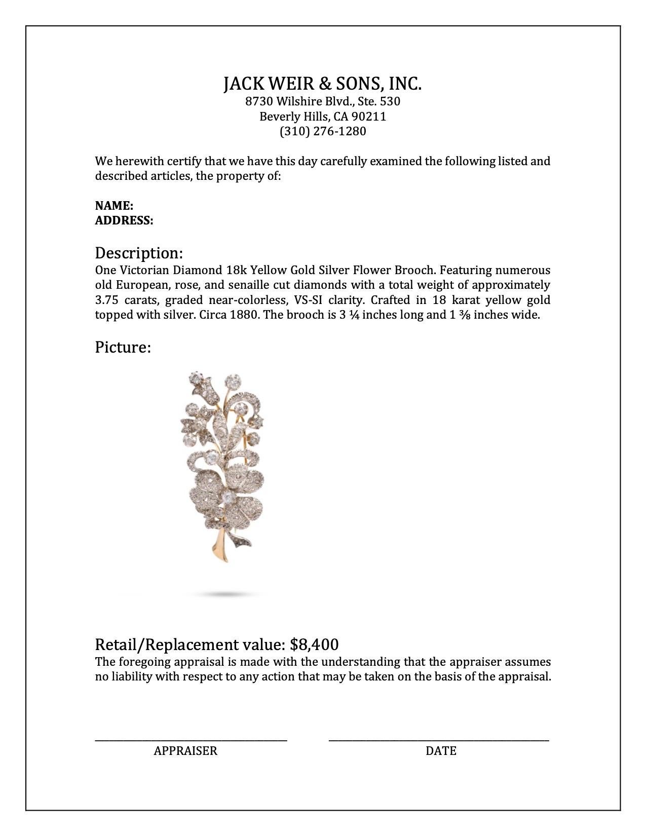 Women's or Men's Victorian Diamond 18k Yellow Gold Silver Flower Brooch For Sale