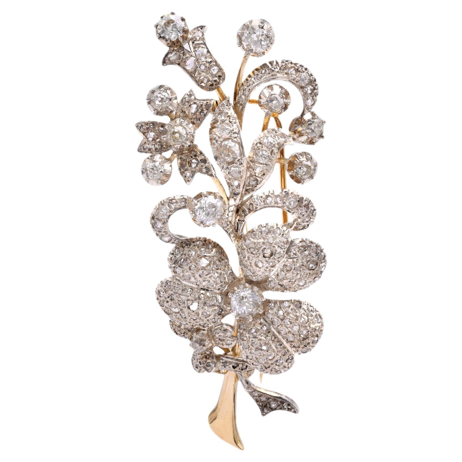 Viktorianische Blumenbrosche, Diamant 18 Karat Gelbgold Silber