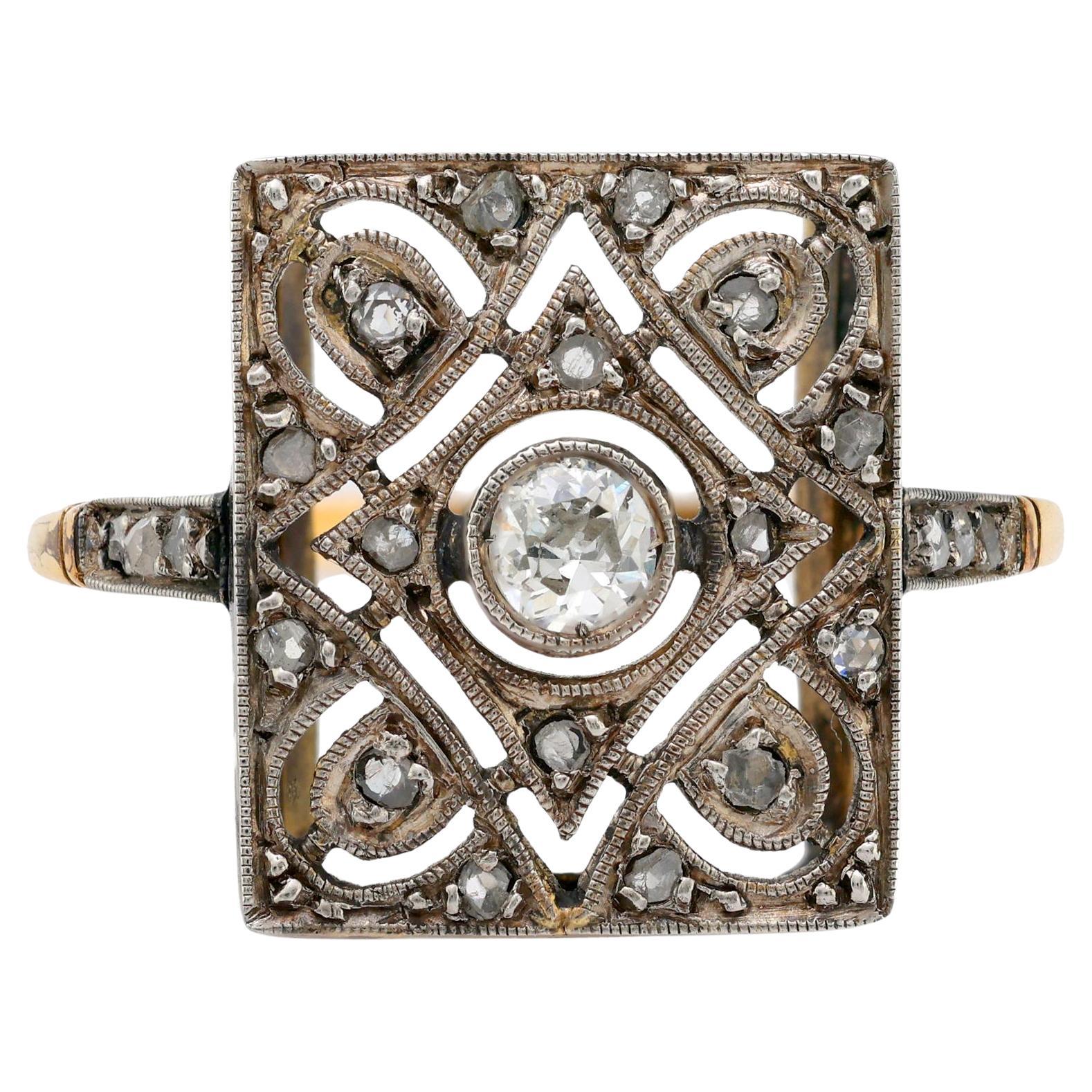 Victorian diamond 18k yellow gold square ring
