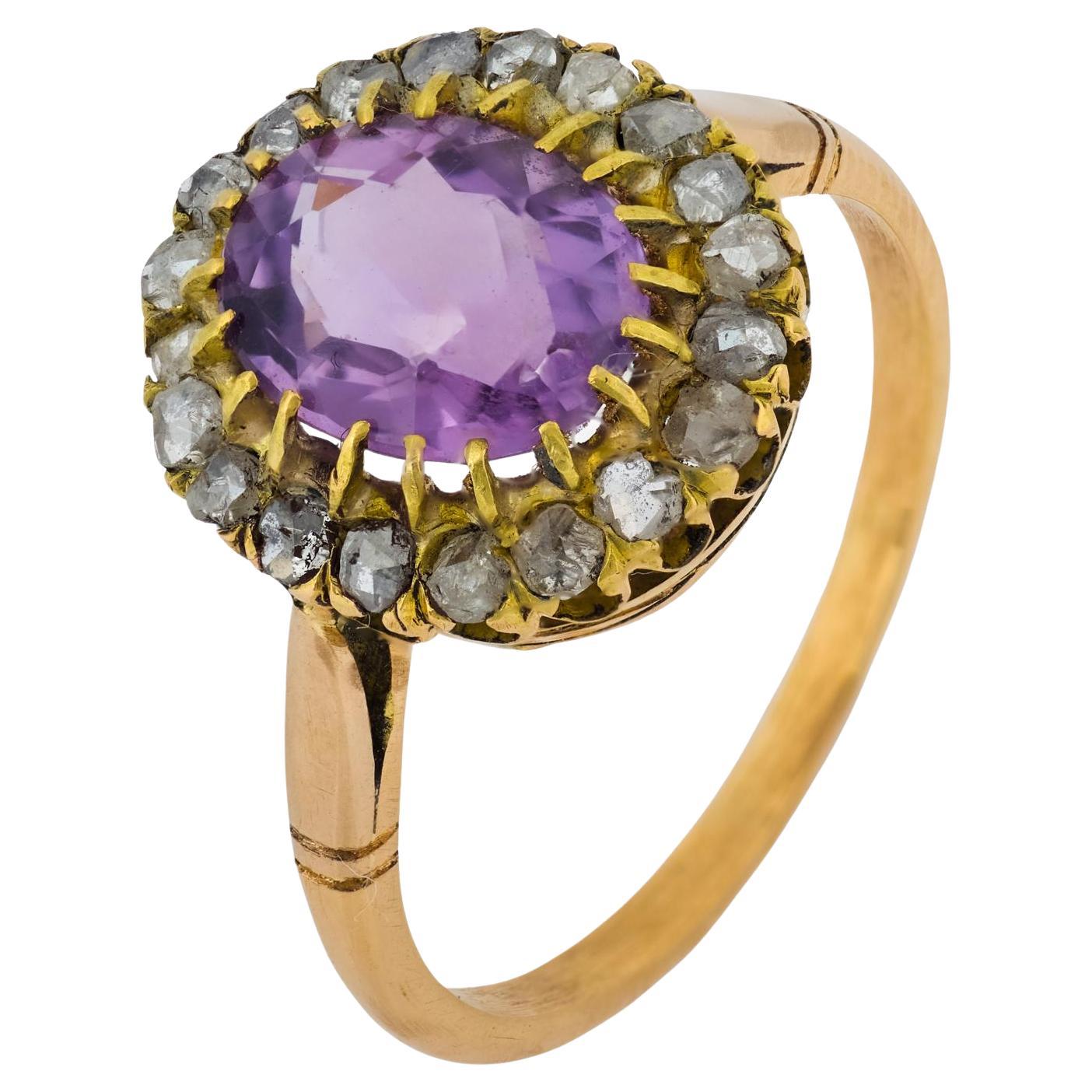 Victorian diamond amethyst 18k yellow gold cluster ring