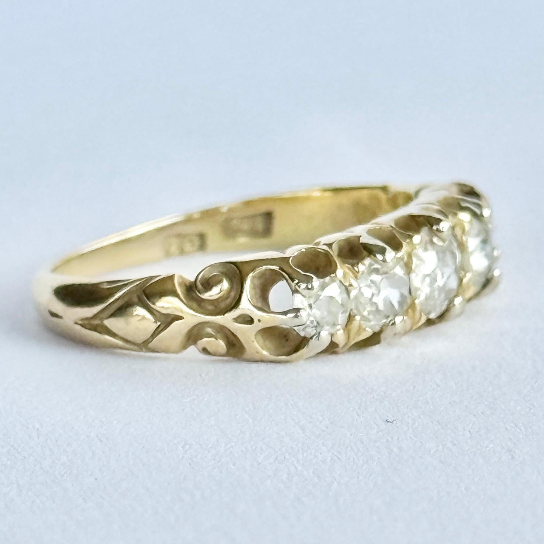 Vittoriano Anello vittoriano a cinque pietre con diamanti e oro 15 carati in vendita