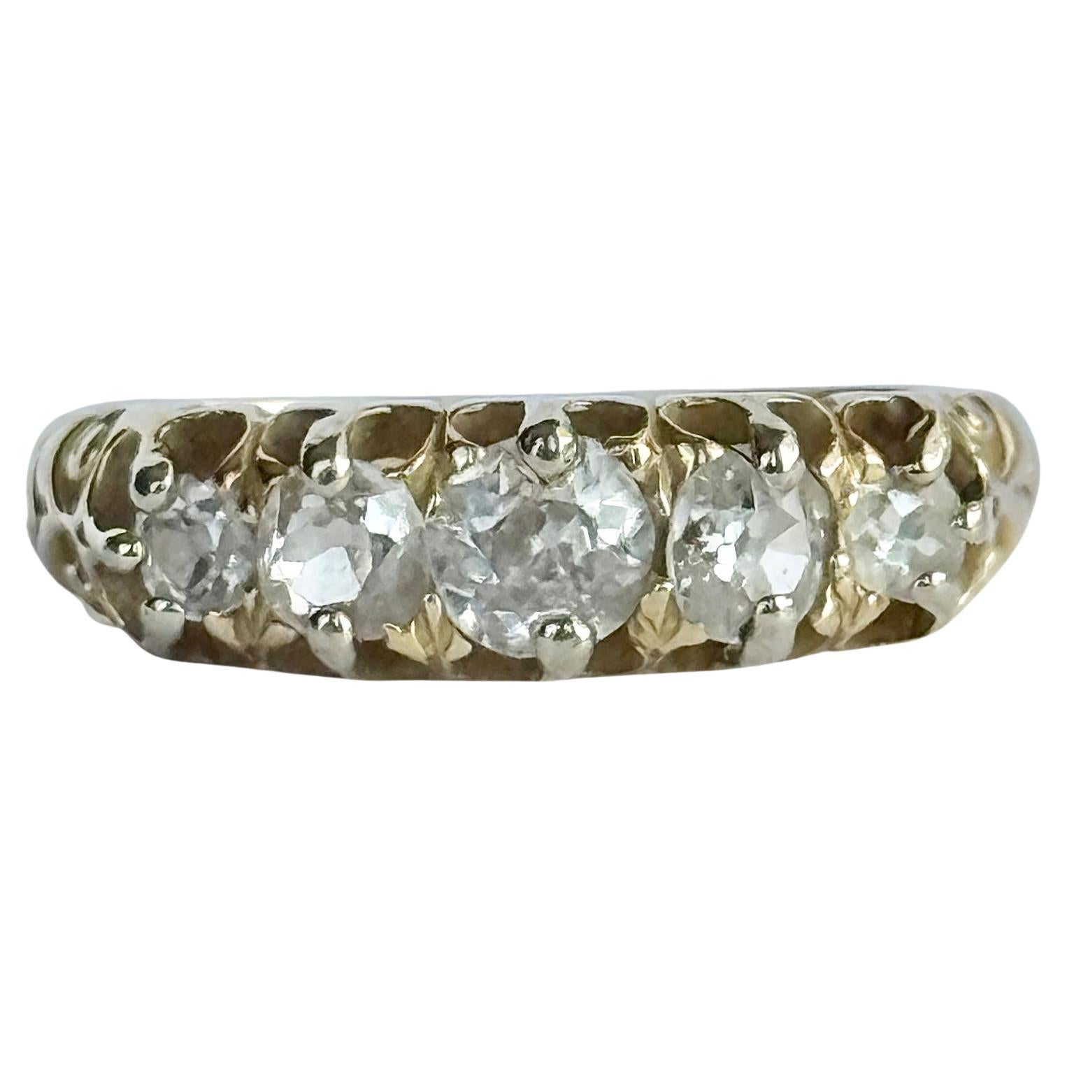 Anello vittoriano a cinque pietre con diamanti e oro 15 carati in vendita
