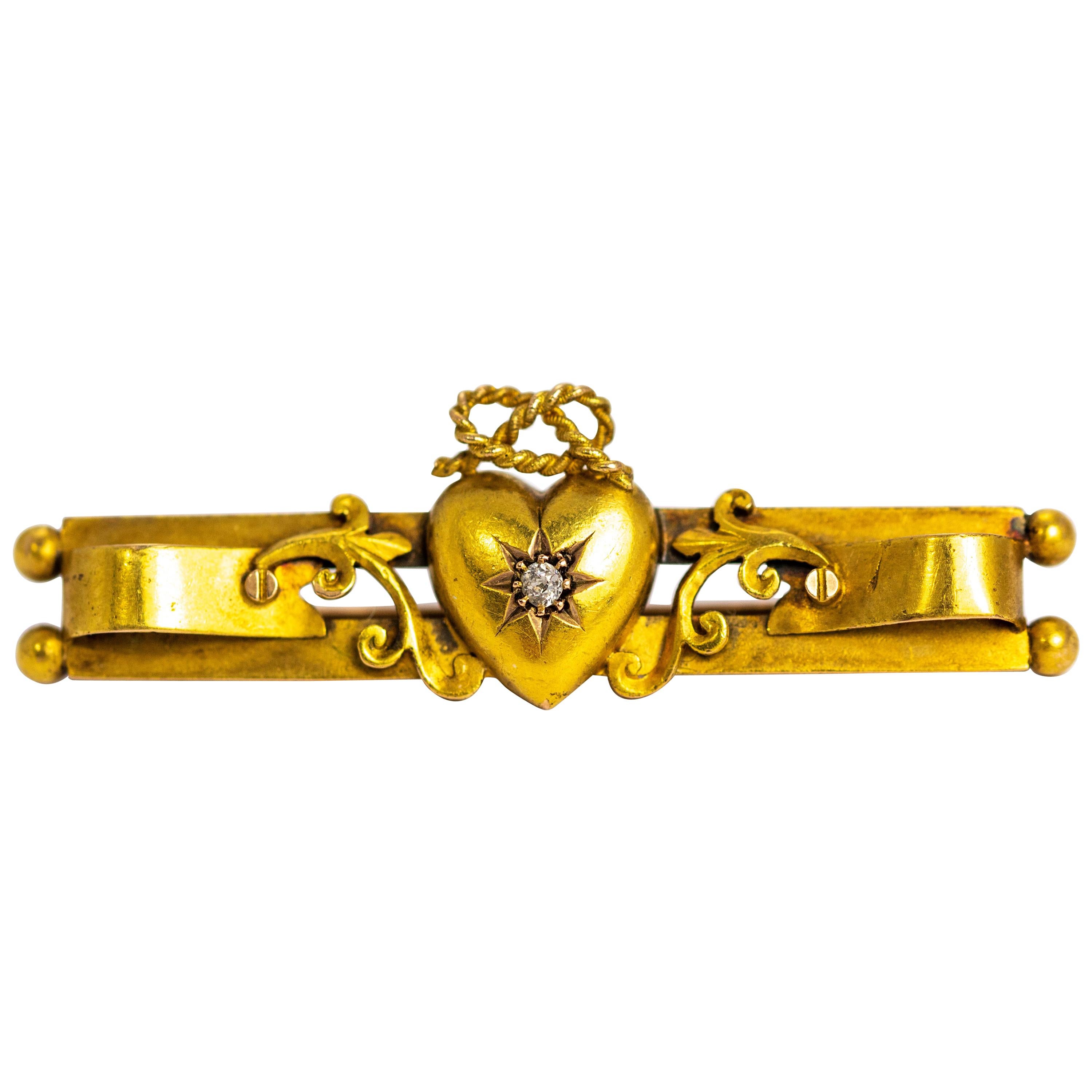 Victorian Diamond and 15 Carat Gold Heart Detail Brooch