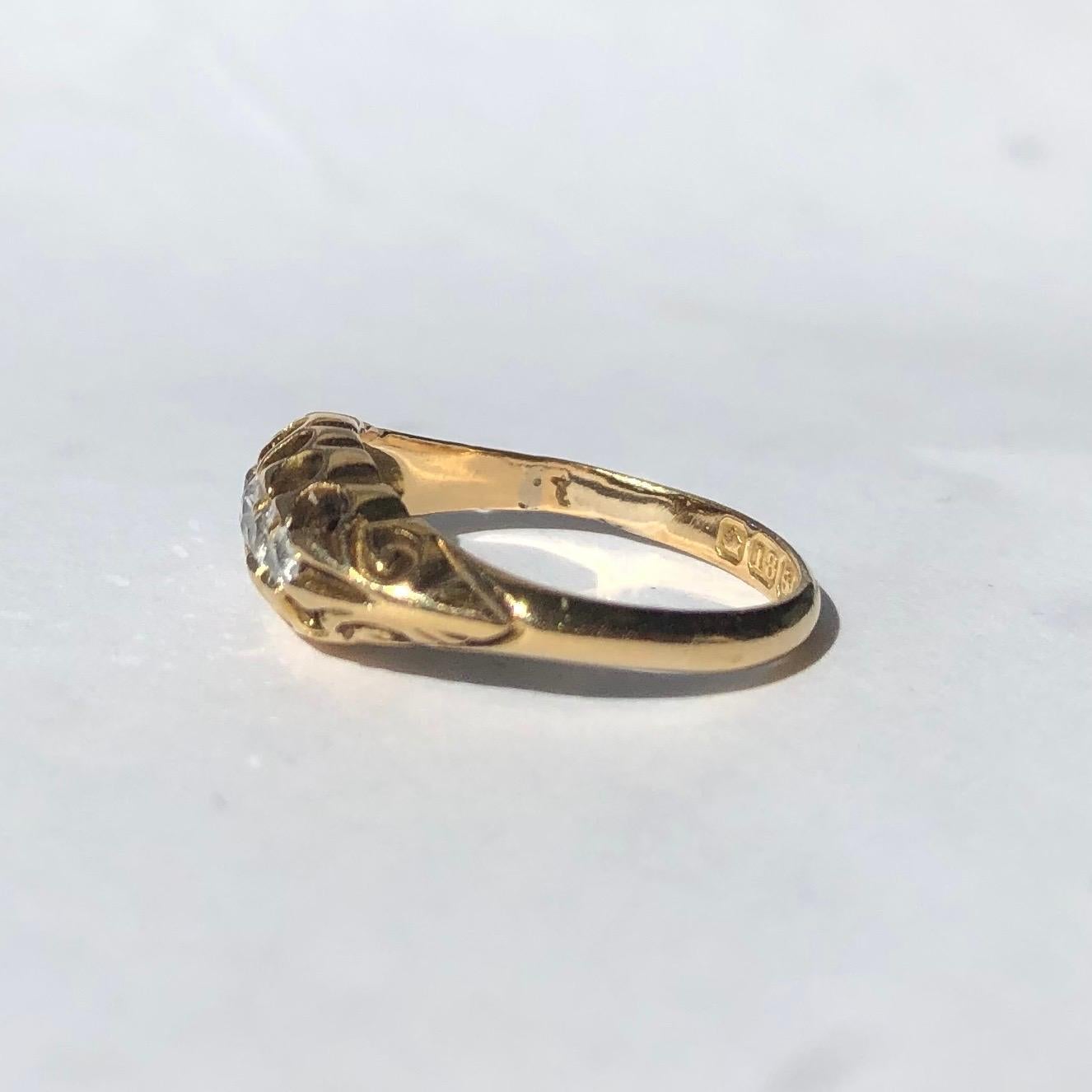 This classic style victorian five stone ring holds a total of 25pts of diamonds all set in simple claw settings. Made in Birmingham, England. 

Ring Size: I 1/2 or 4 1/2 
Band Width: 6mm
Height From Finger: 4mm

Weight: 2.93g