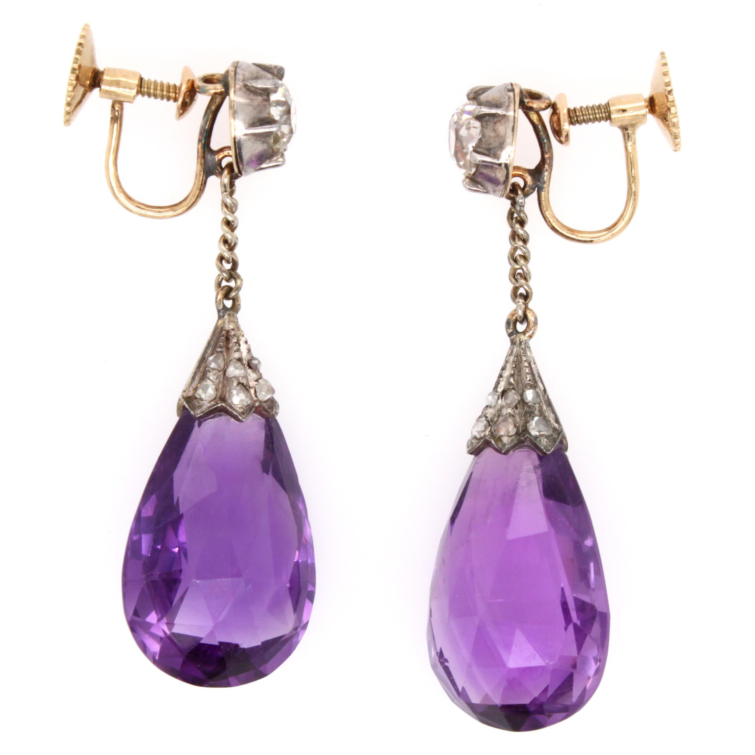 Victorian Diamond and Amethyst Briolette Earrings, 1860s In Good Condition In Idar-Oberstein, DE