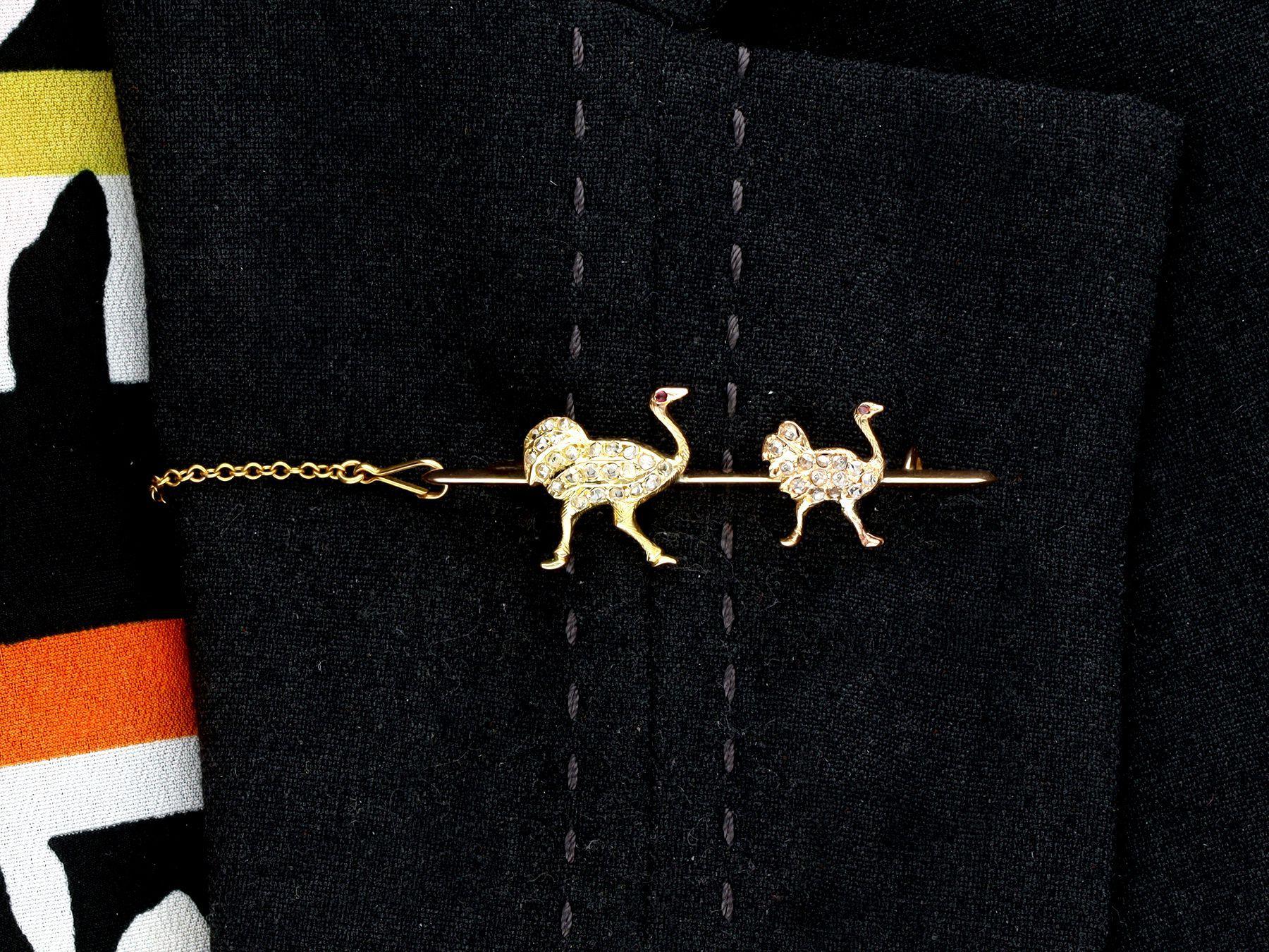 Victorian Diamond and Amethyst Yellow Gold Ostrich Brooch For Sale 7