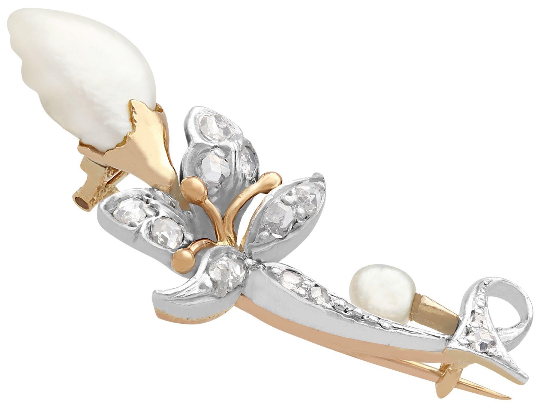 Old European Cut Victorian Diamond and Baroque Pearl Yellow Gold Brooch For Sale