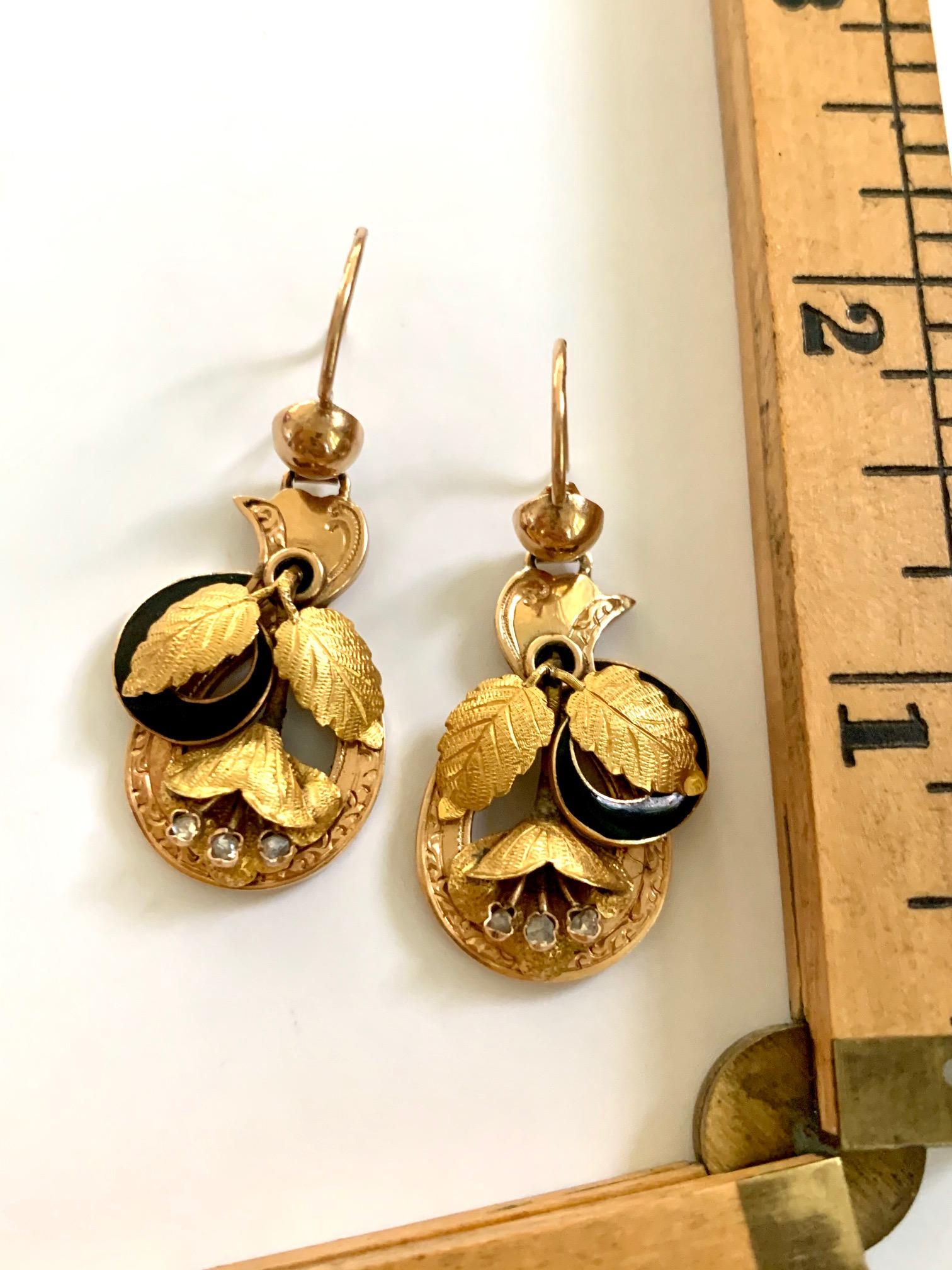 Victorian Diamond and Black Enamel 14 Karat Gold Floral Design Pierced Earrings 5