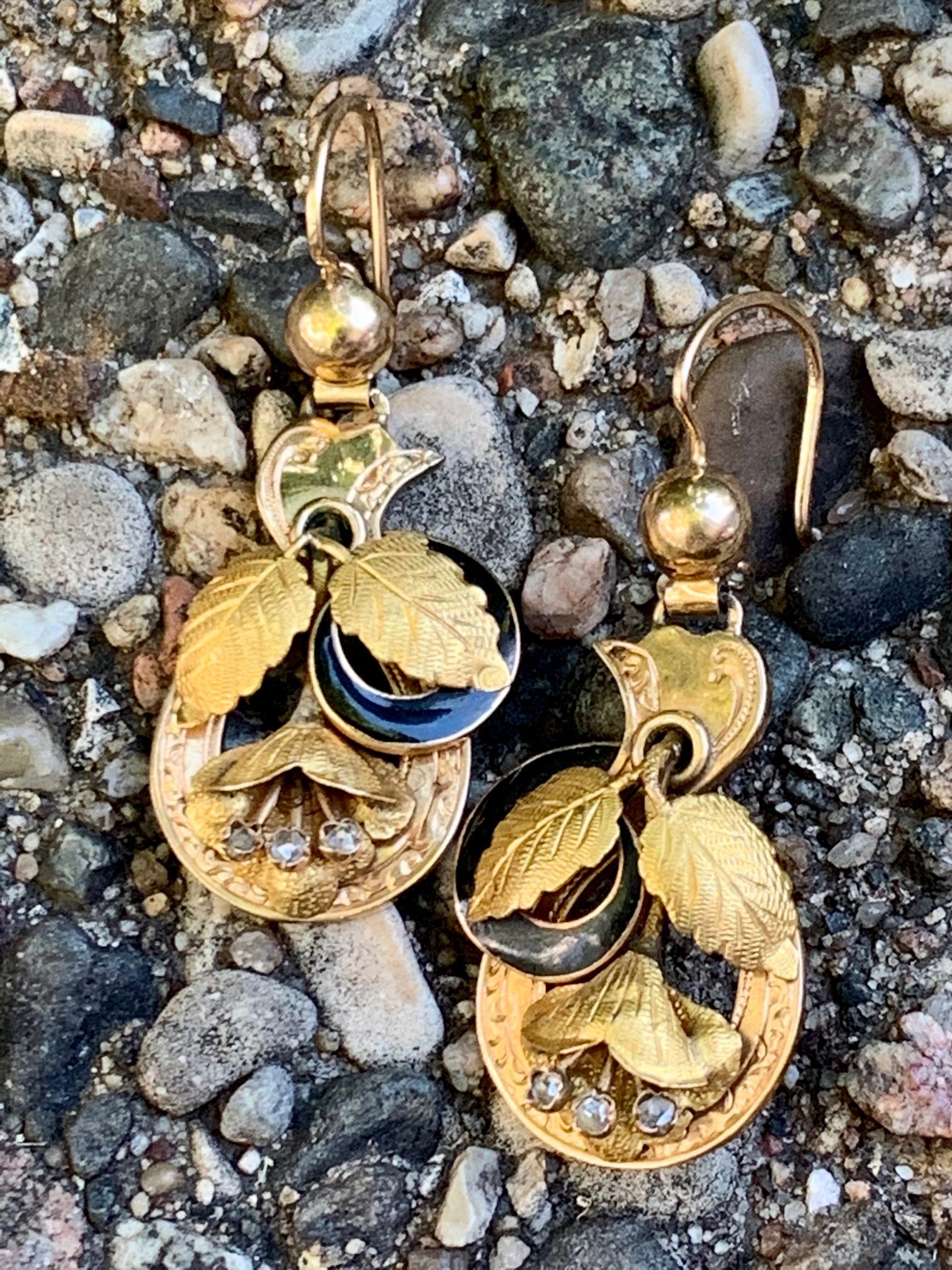 Rose Cut Victorian Diamond and Black Enamel 14 Karat Gold Floral Design Pierced Earrings