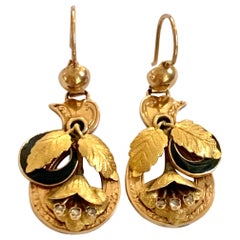Victorian Diamond and Black Enamel 14 Karat Gold Floral Design Pierced Earrings