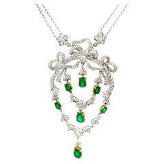 Viktorianische Diamant- und Smaragd-Halskette mit hässlichem Anhänger aus 18k Weißgold