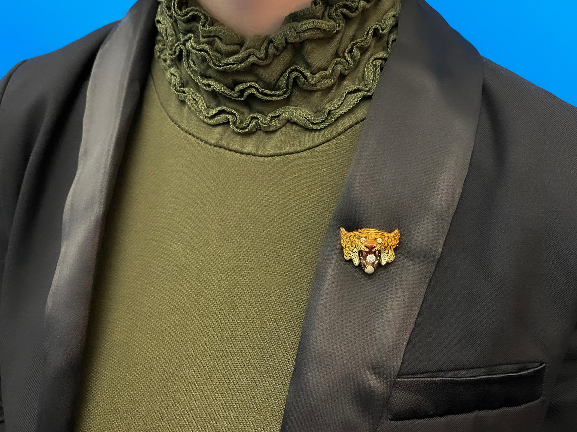 Late Victorian Victorian Diamond and Enamel Tiger Brooch, American, circa 1900 For Sale