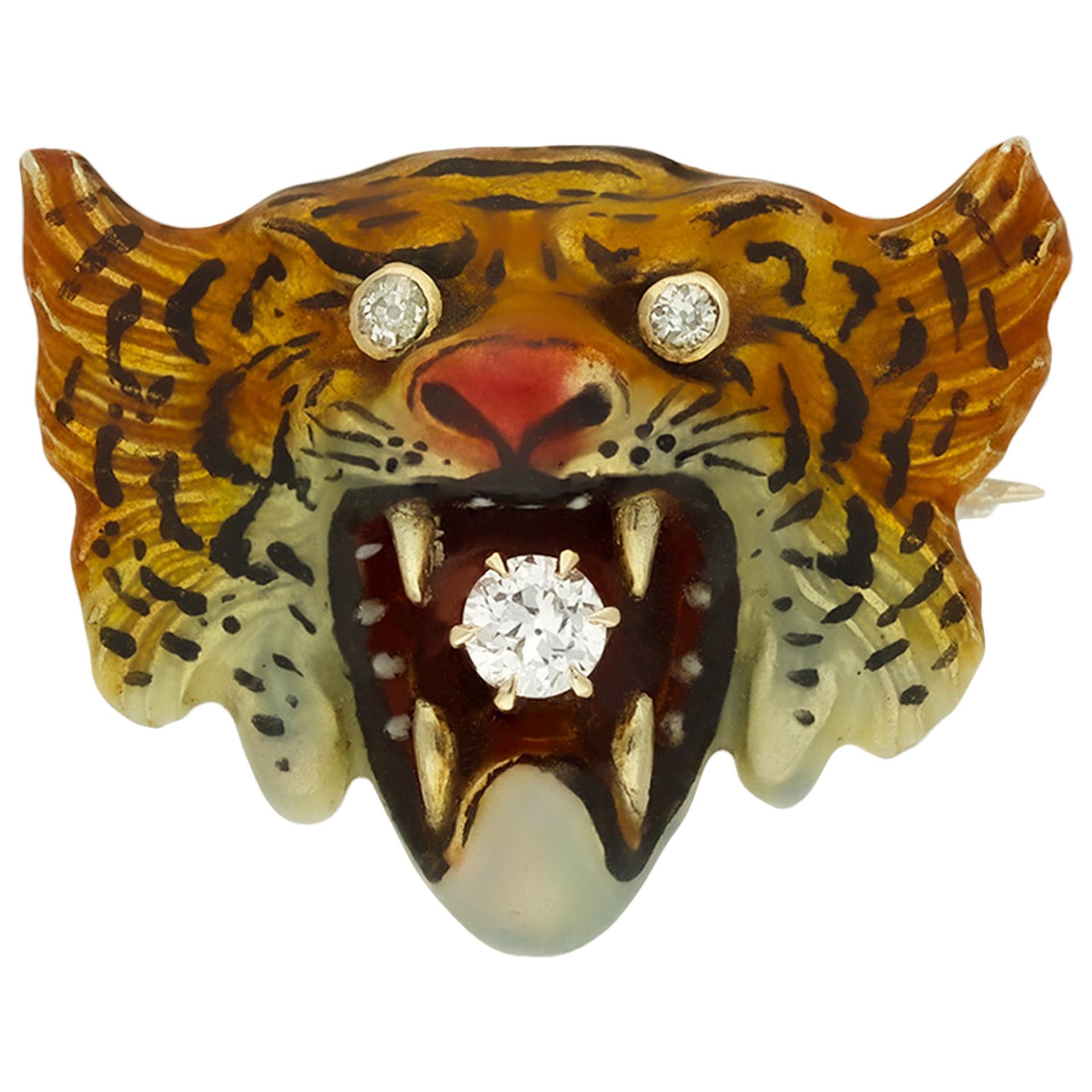 Victorian Diamond and Enamel Tiger Brooch, American, circa 1900 For Sale