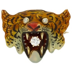 Antique Victorian Diamond and Enamel Tiger Brooch, American, circa 1900