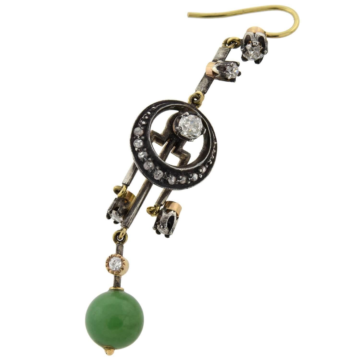 Victorian Diamond and Jade Dangle Earrings In Good Condition For Sale In Narberth, PA