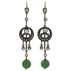 Boucles d'oreilles pendantes victoriennes en diamant et jade