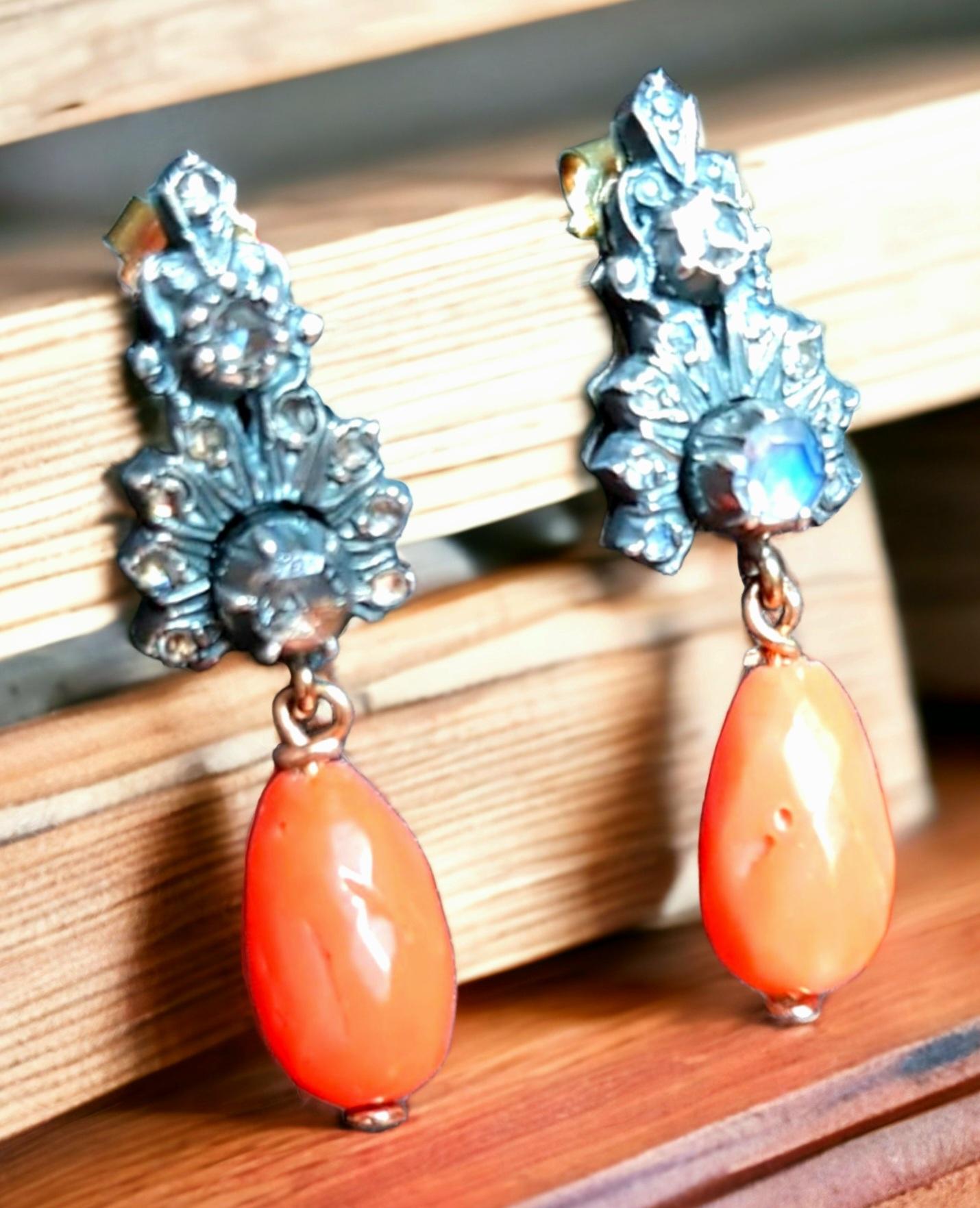 Rose Cut Victorian Diamond and  Mediterranean  Coral Dangle Earrings late 19th Cent. For Sale
