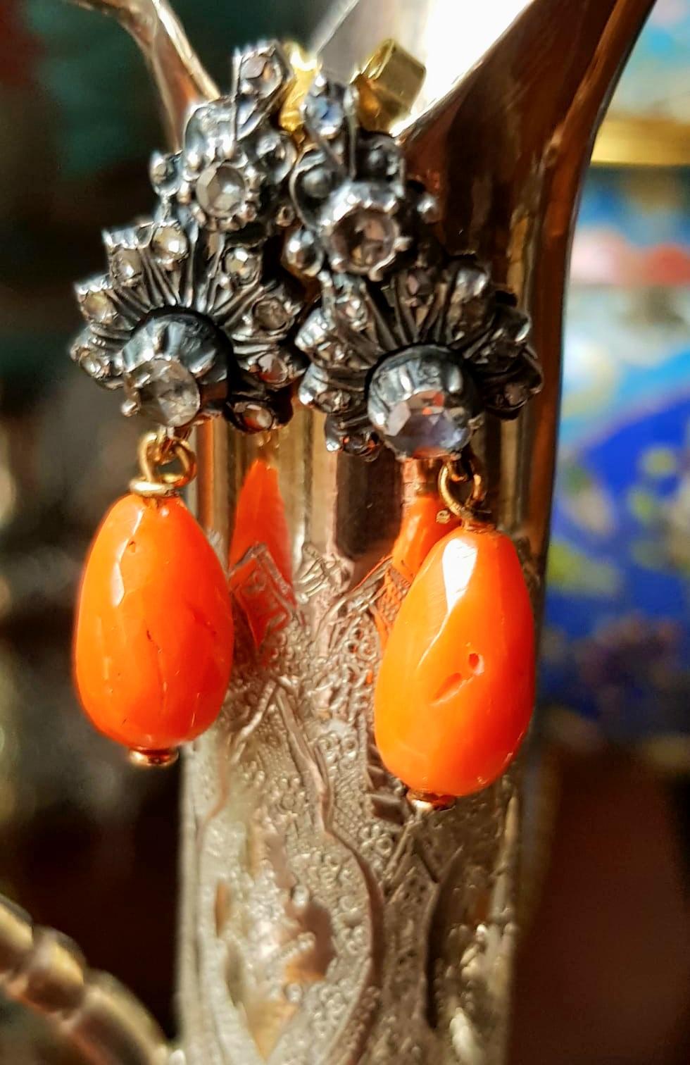 Women's Victorian Diamond and  Mediterranean  Coral Dangle Earrings late 19th Cent. For Sale