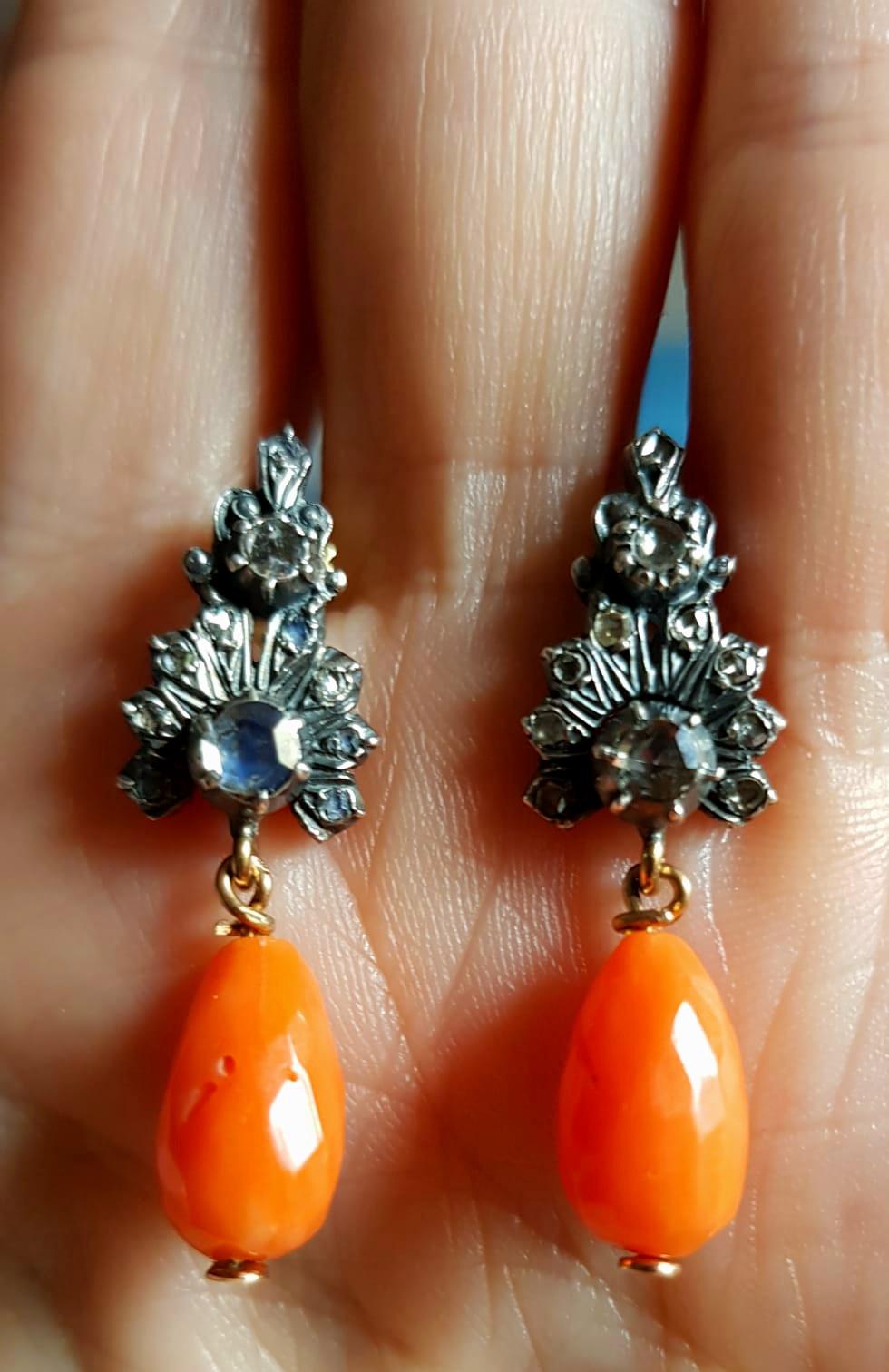 Victorian Diamond and  Mediterranean  Coral Dangle Earrings late 19th Cent. For Sale 1