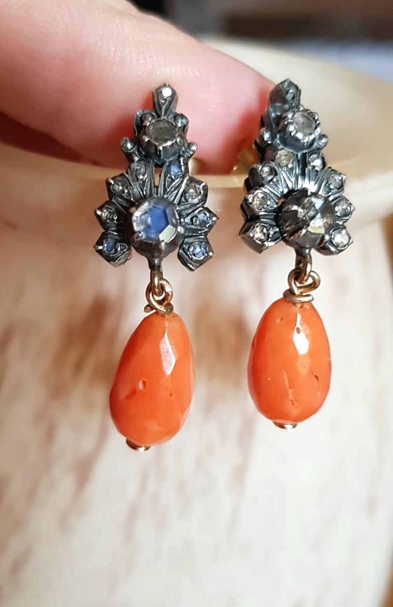 Victorian Diamond and  Mediterranean  Coral Dangle Earrings late 19th Cent. For Sale 2