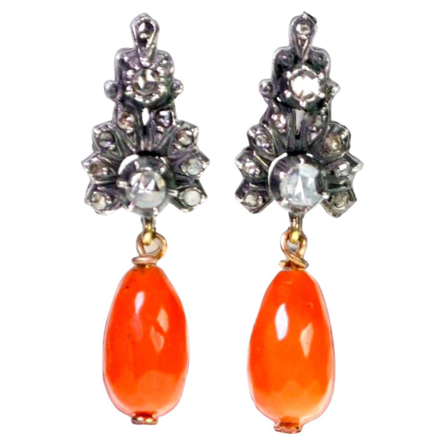 Victorian Diamond and  Mediterranean  Coral Dangle Earrings late 19th Cent. For Sale