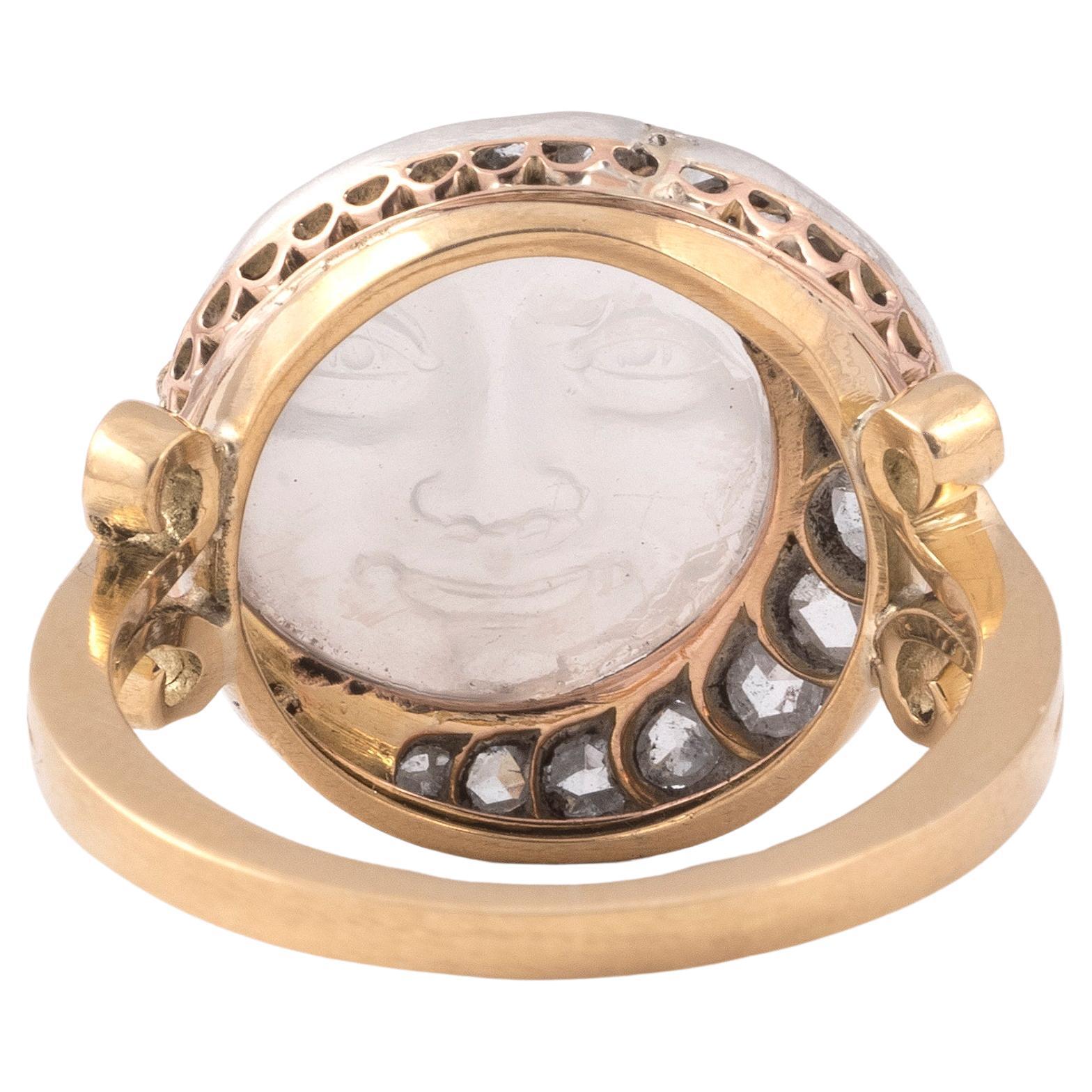 Viktorianischer Diamant und Mondstein Mann im Mond Ring (Alteuropäischer Brillantschliff) im Angebot