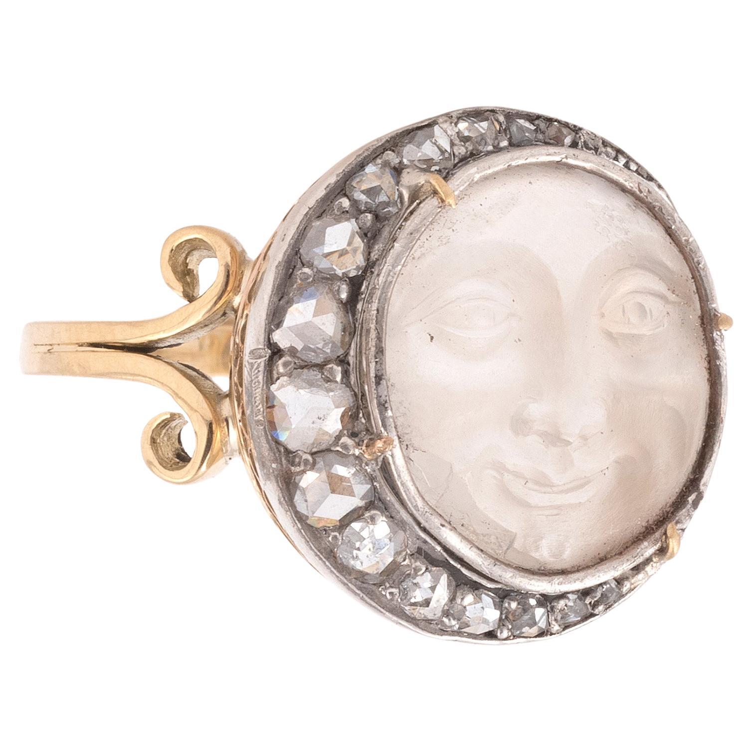 Old Mine Cut Victorian Diamond And Moonstone Man in the Moon Ring For Sale
