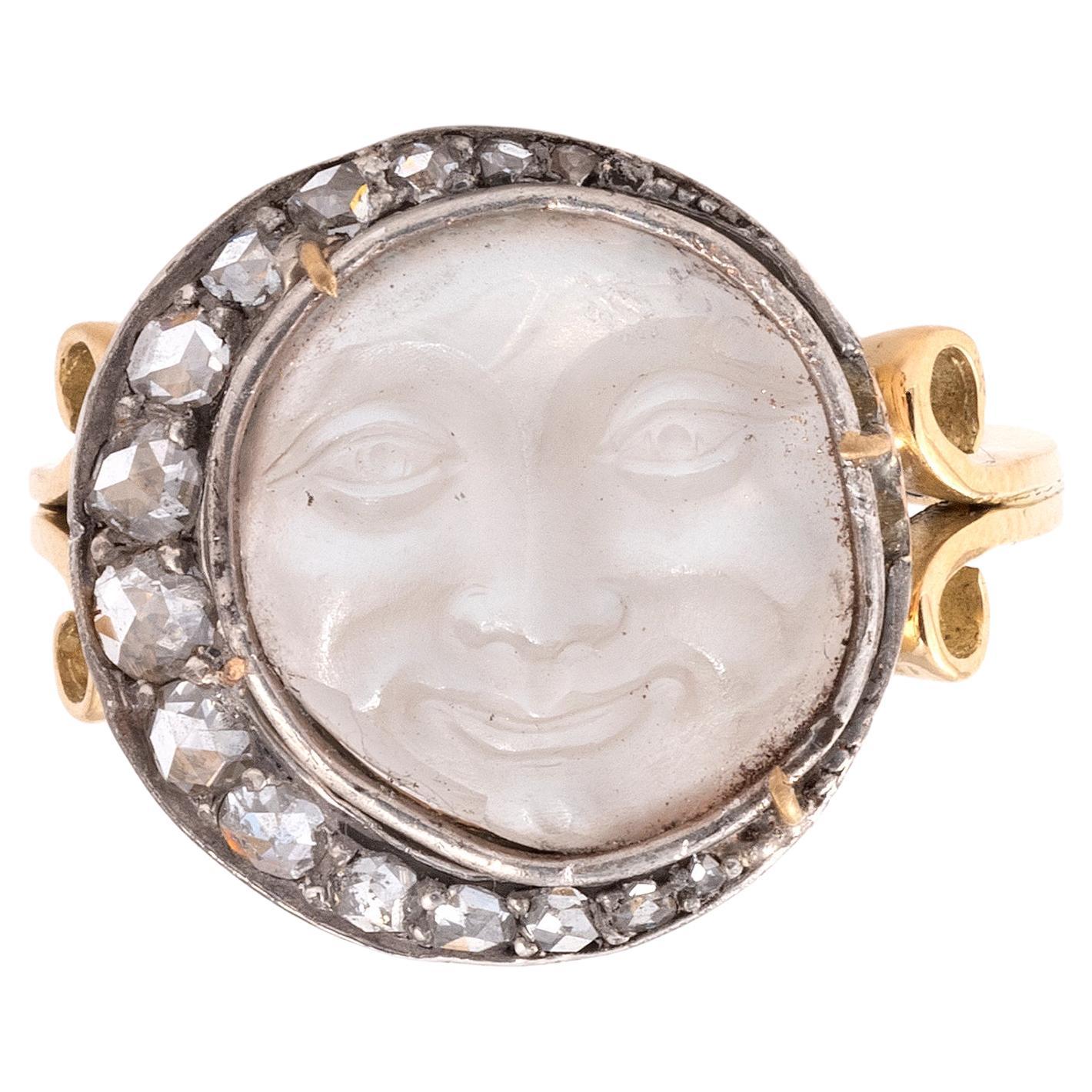 Victorian Diamond And Moonstone Man in the Moon Ring For Sale