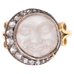Antique Victorian Diamond And Moonstone Man in the Moon Ring