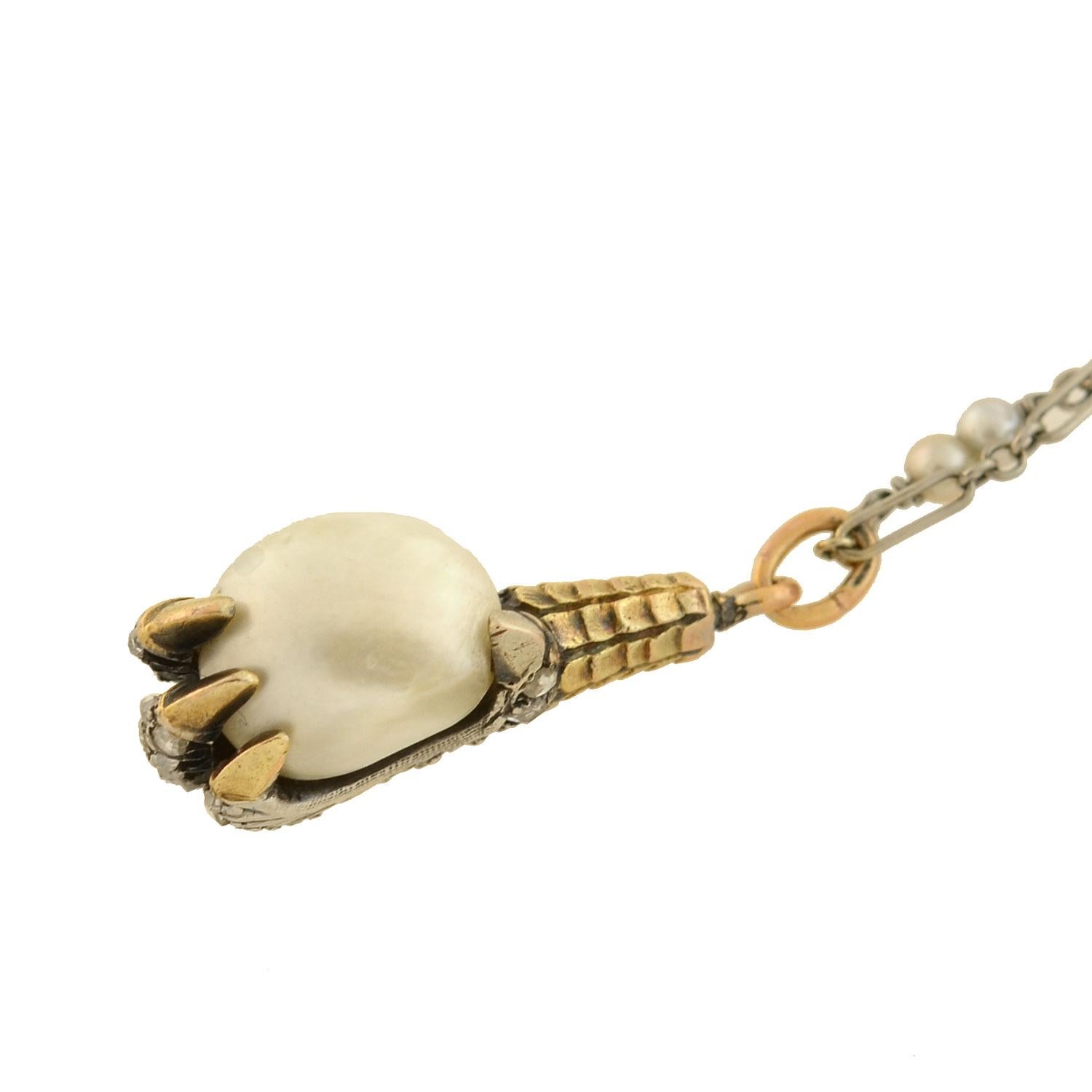 Women's Victorian Diamond and Natural Pearl Claw Pendant Necklace