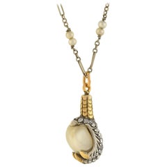 Victorian Diamond and Natural Pearl Claw Pendant Necklace
