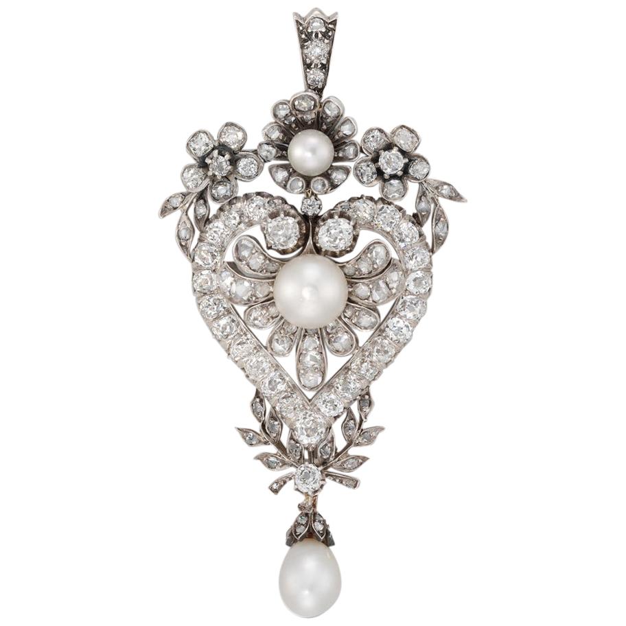 Victorian Diamond and Natural Pearl Pendant For Sale