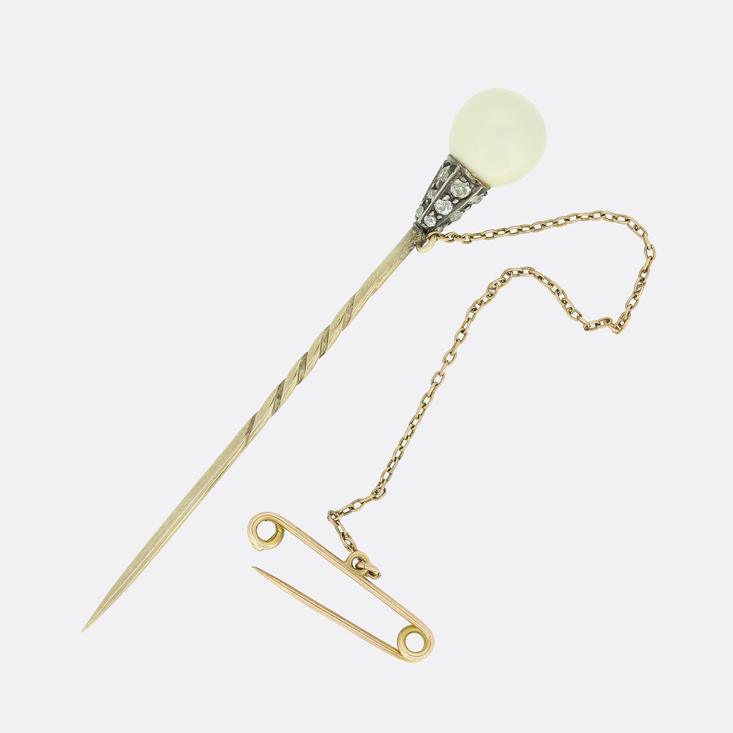Old European Cut Victorian Diamond and Natural Pearl Stick Pin For Sale